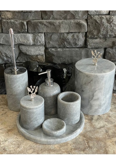 Gri Polen Stone Mermer Japon Gülü Gümüş Aksesuarlı 7'li Banyo Seti Beyaz