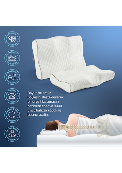 Dualsupport Amerikan Model Visco Boyun Yastığı Sırt Üstü & Yan Yatanlar İçin Omuz Oyuntulu Ortopedik 60x38x10/9cm Beyaz
