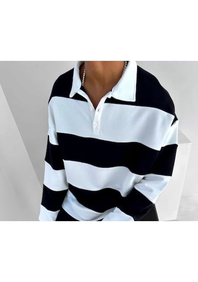 Unisex Üç İplik Parçalı Yakalı Sweatshirt - Siyah 001