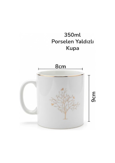 Lüks Porselen Kupa 350 Ml Hayat Ağacı Yaldızlı Beyaz