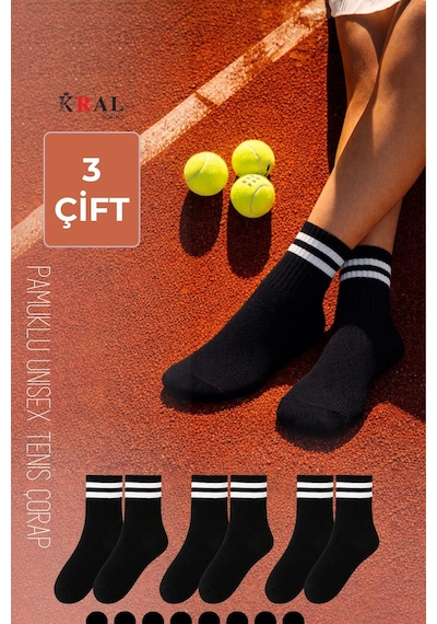 Kral Socks Erkek Kadın 3 Çift Çizgili Kolej Tenis Çorabı Pamuklu Terletmez Çorap Siyah