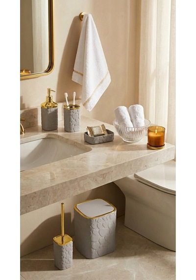Makri Home 5 Parça Banyo Seti, Kalp Desenli, Gri Gold, Kare, Click Kapaklı, Hacim: 8 Litre Altın - Gri