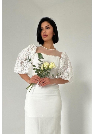 Valensdesign Beyaz İncili Tül Detay Elbise Beyaz