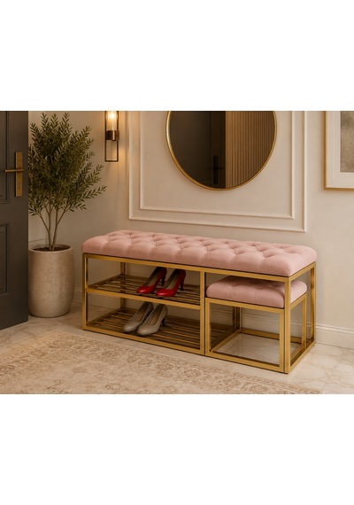 Gold Metal Bench Ayakkabılık Bank, Kapı Girişi Puf Ayakkabılık Pembe