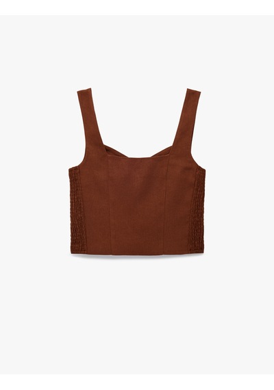 Koton Slim Fit Kalın Askılı Yanları Gipe Detaylı Düğmeli Crop Keten Yelek Kahverengi 6sak30001pw Kahve