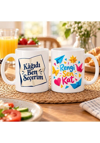 Bezos Renkli Kâğıtlar 2'li Porselen Kupa Seti - Model 601 Bty