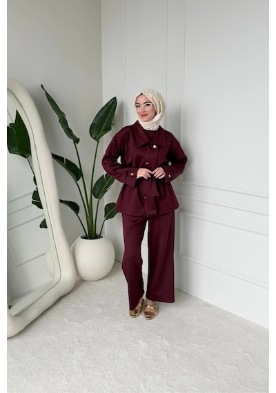 Mihran Butik Sophie Model Bel Kemer Ve Düğme Detaylı Kadın Takım Bordo Çok Renkli