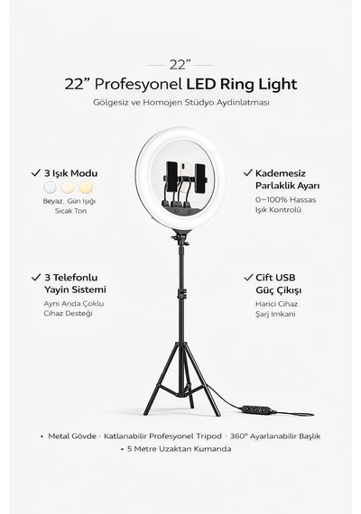 22 Inç Ring Light Mega Boy Döküm Ayaklı Kuaför Makyaj Işığı Youtube Canlı Yayın Led Halka Lüx Siyah