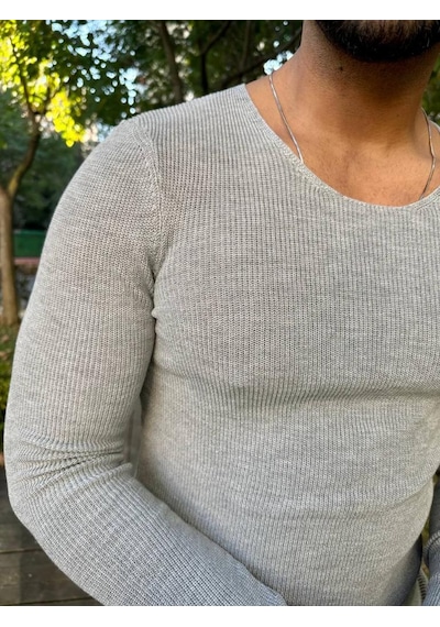 Elku Moda Kazak Örme Tüylenmez Naturel Pamuk Kazak Slim Fit Triko Dar Kesim Body Kazak Gri