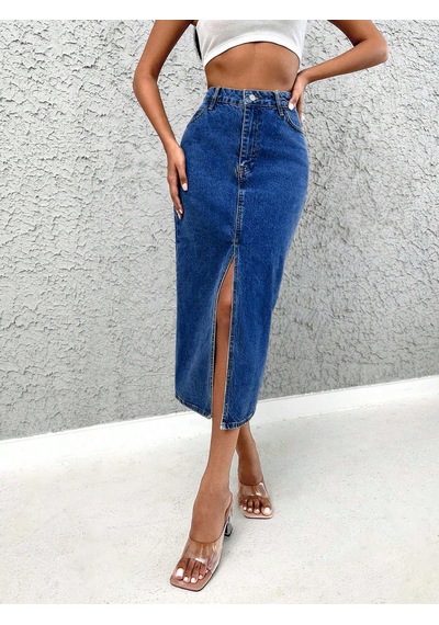 Kadın Denim Esnek Kumaş Yırtmaçlı Uzun Etek Koyu Mavi
