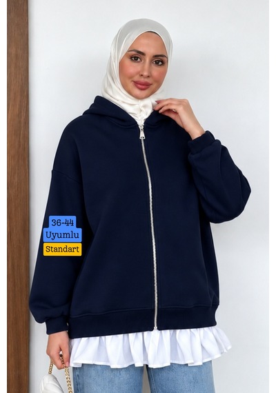 Balenbi Kadın 3 İplik İçi Polarlı Kapüşonlu Fırfır Detaylı Tesettür Basic Sweat Hırka 394 Lacivert Balenbi Kadın 3 İplik İçi Polarlı Kapüşonlu Fırfır Detaylı Tesettür Basic Sweat Hırka 394 Lacivert