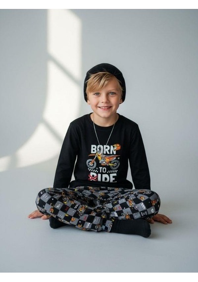 Zekids Erkek Çocuk Pamuklu Born To Ride Baskılı Pijama Takımı-16820 Siyah