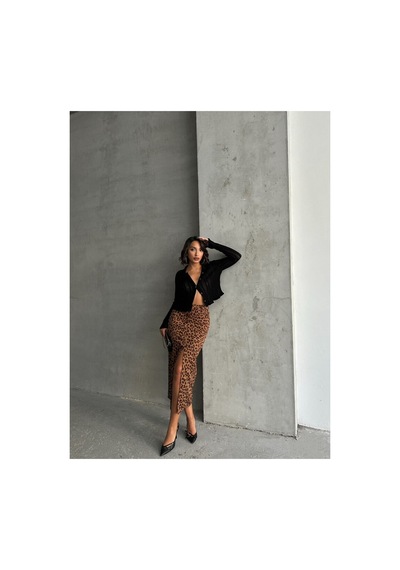 Verymoda Leopar Desenli Uzun Kalem Etek F1665 Kamel Kahve