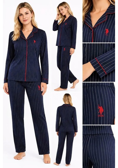 U.S. Polo Assn. Kadın %100 Pamuk Boydan Düğmeli Pijama Takımı Lacivert