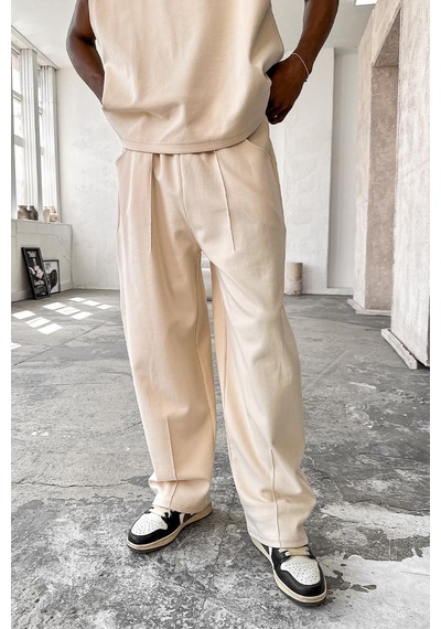 Krem Cozy Premium Pileli Baggy Eşofman Krem