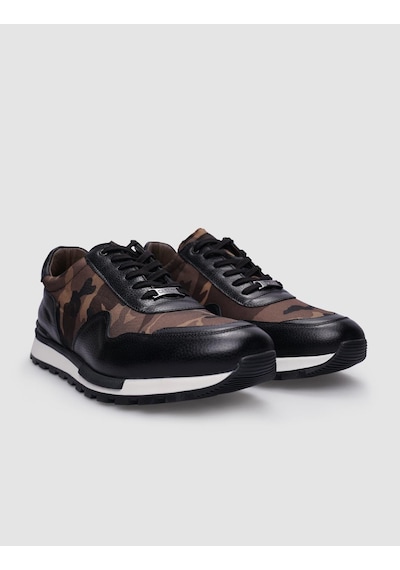 %100 Hakiki Deri Siyah Bağcıklı Kamuflaj Desenli Erkek Sneaker-siyah Siyah