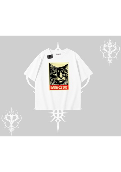 Tarzsokak Meow Yazılı Kedi Portre Baskılı Oversize Tshirt Beyaz