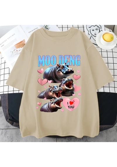 Flood Of Style Komik I Love Moo Deng Sevimli Bebek Hippo Sevgilisi Meme T Shirt Erkek Kadın Moda Gotik Rahat Bej