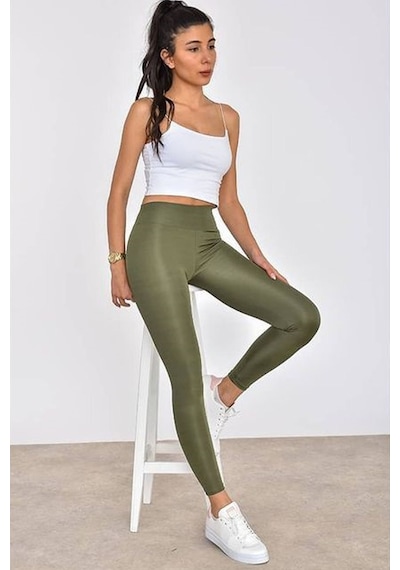 Moda Trend Kadın Slim Fit Korse Etkili Iç Göstermeyen Yüksek Bel Parlak Disko Taythaki Xl Haki