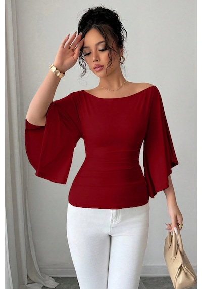 Kadın Beyaz Kayık Yaka Flare Kol Drapeli Fit Bluz Bordo