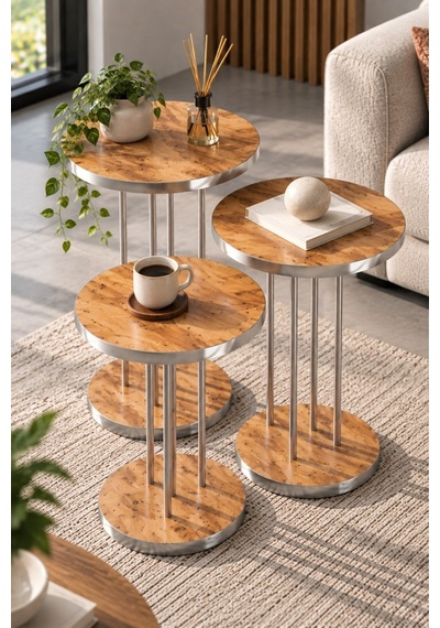 Sulorahome Ceviz Desenli Gümüş Metal Ayaklı 3'lü Zigon Sehpa Takımı