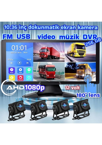 4 Adet Ahd 180 Derece Kamera Dvr Video Müzik Dokunmatik Monitör 12 V