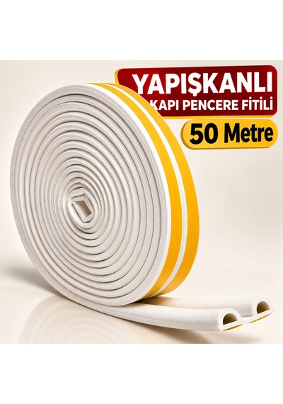 50 Metre Yapışkanlı Kapı Pencere Fitili Beyaz Boşluk Kapatıcı İzolasyon Fitili Soğuk Geçirmez Yalıtm 50 M