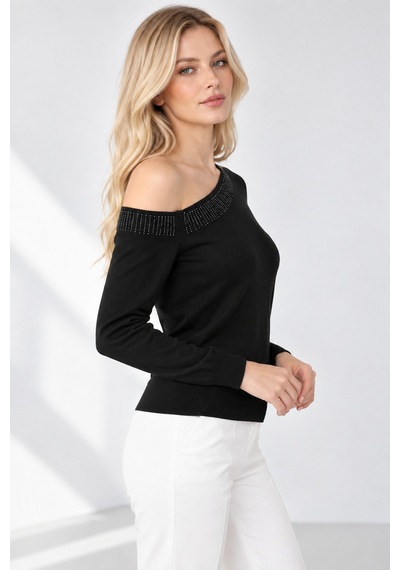 Bihan Store Kadın Triko Sandık Yaka Boncuk İşlemeli Bluz W27-2916-siyah