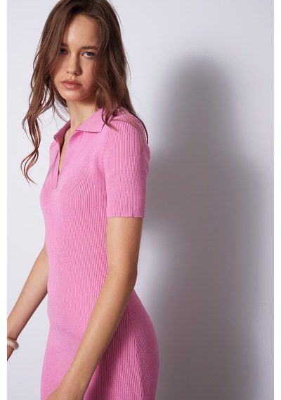 Avrile Polo Yaka Kısa Kollu Triko Elbise Pembe