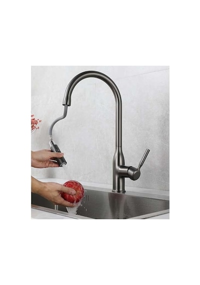 Inox Spiralli Mutfak Bataryası - 44 Cm Yüksek Tasarım, 2 Fonksiyonlu Çek-bırak Başlık 60cm Uzayan Hortum , Fırçalı Çelik Görünümü Modern Eviye Musluğu Antrasit Gri Çok Renkli