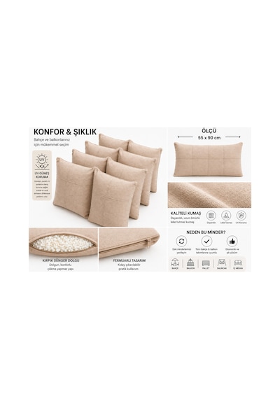 4 Adet Bahçe Balkon Minderi 55x90 Cm Cappuccino Fermuarlı Kırpık Sünger Dolgu, Dayanıklı Kumaş Cappuccino