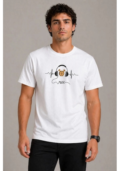 Barlashive Erkek Müzik Temalı Baskılı Tişört Bisiklet Yaka Kısa Kol T-shirt - Beyaz Çok Renkli