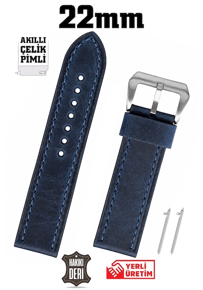 22mm Lacivert Spor Crazy Nubuk Hakiki Deri Saat Kordonu Kayış Akıllı Pimli Gümüş
