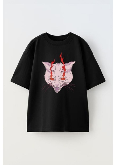 Thewert Unisex Devil Cat Tasarım Baskılı Pamuk Sıyah Oversize T-shirt Siyah