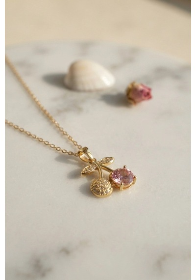 Mey İthalat 316l Çelik Zincir Gold Renk Pembe Kiraz Model Kolye Çok Renkli