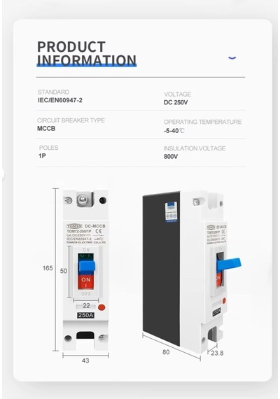 Tom7z-250/1p Dc 250v 250a Mccb Kompakt Şalter - Doğru Akım Devre Kesici