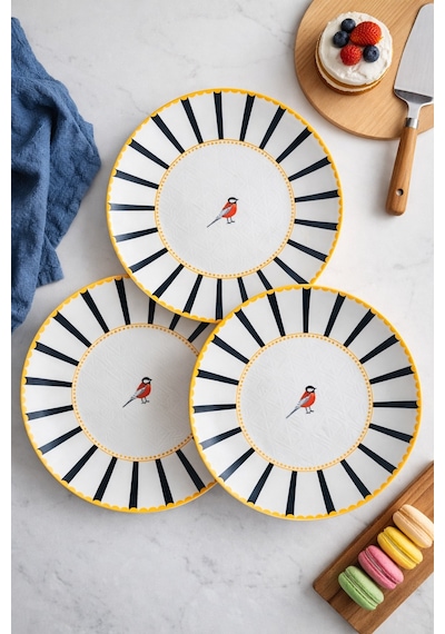Grandora Kuş Desenli Siyah Çizgili 6 Lı Pasta Ve Tatlı Tabağı Seti 20 Cm Modern Sunum Ve Kahvaltı Tabakları Siyah