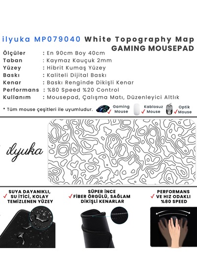 White Topography Map İlyuka Mp079040 Xxl Gaming Mouse Pad 90x40cm