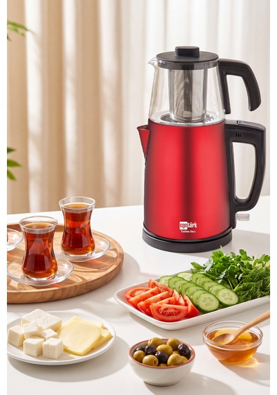 Teadem Glass Elektrikli Çay Makinesi Çaycı 2000w 1.7l Kettle 1.2l Cam Demlik Paslanmaz Çelik Kırmızı