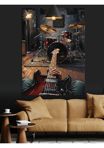 Elektro Gitar Ve Bateri Davul Seti Dekoratif Kanvas - Mdf Ahşap Tablo