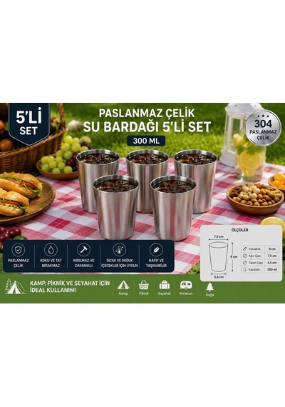 Taşdemir 5'li Paslanmaz Çelik Bardak Seti Metal Kupa Bardak Kamp Piknik Ev Kullanımı Gümüş