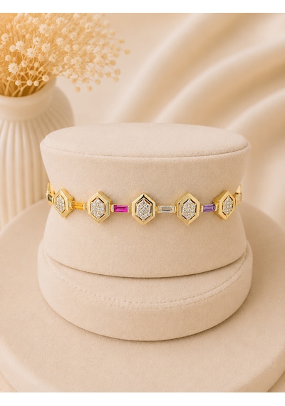 Valmont Accessories Kadın Gold Renk Renkli Baget Taşlı Geometrik Bileklik