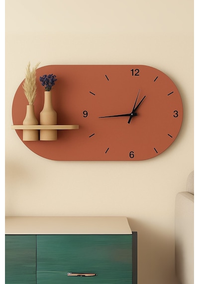 Modern Tasarım Raflı Nera Duvar Saati 60x35 Turuncu