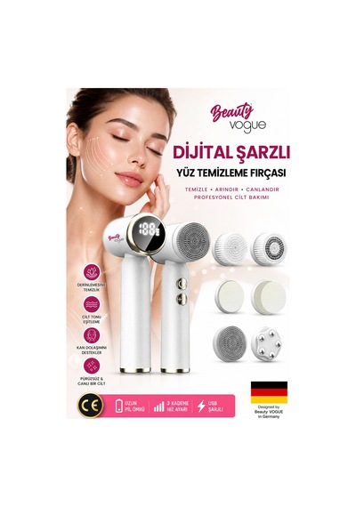 6 Başlık 3 Aşamalı Led Şarjlı Ekranlı Peeling Yüz Masaj Cilt Bakım Cihazı Aleti Frimatör Brush Beyaz