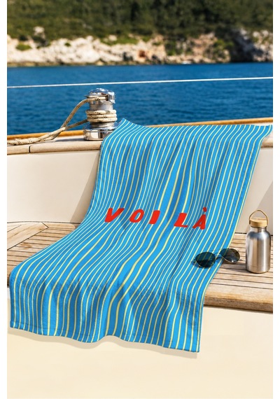 Çizgili Mavi Yaz Temalı Plaj Havlusu - Modern Akdeniz Sarı Kırmızı Hızlı Kuruyan Mikrofiber Havlu Uçuk Bulut