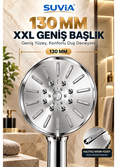 Duş Başlığı Xxl Duş Sistemi 5 Fonksiyonlu 130 Mm Geniş Başlık Yüksek Basınçlı Krom El Duşu