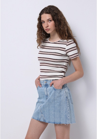 Colins Slim Fit Yuvarlak Yaka Çizgili Kadın Ekru Kısa Kol Tişört Cl1076458 Q1.v1 Ecr Gri