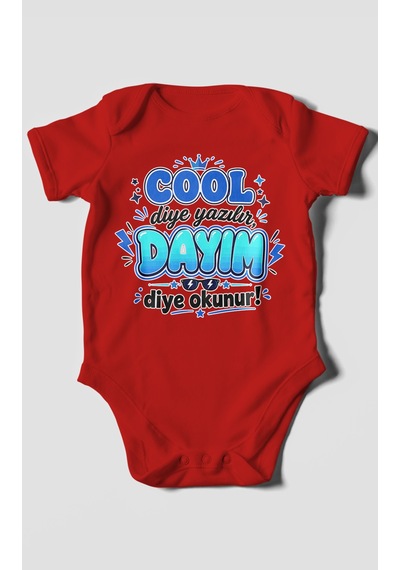 Morivokids Cool Diye Yazılır Dayım Diye Okunur Kısa Kollu Bebek Body %100 Pamuk Kırmızı