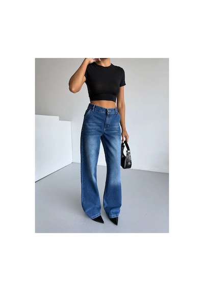 Kene Jeans Yüksek Bel Mavi Ön İşlemli Wide Leg Bol Paça Jeans Pantolon Mavi İşlemli