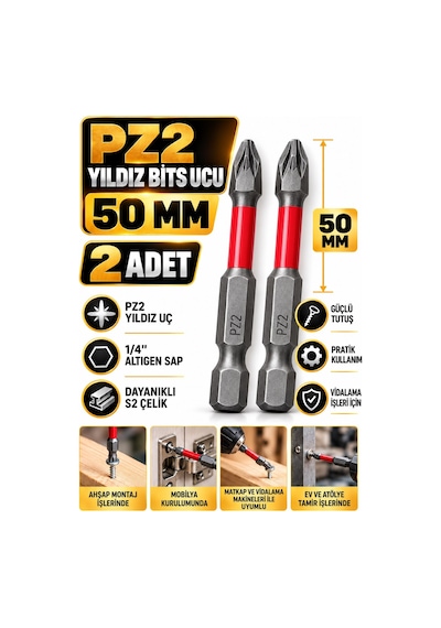 Pz2 Yıldız Bits Uç 50 Mm 2 Adet S2 Çelik 1/4 İnç Altıgen Şaftlı Tornavida Vidalama Ve Sökme Ucu